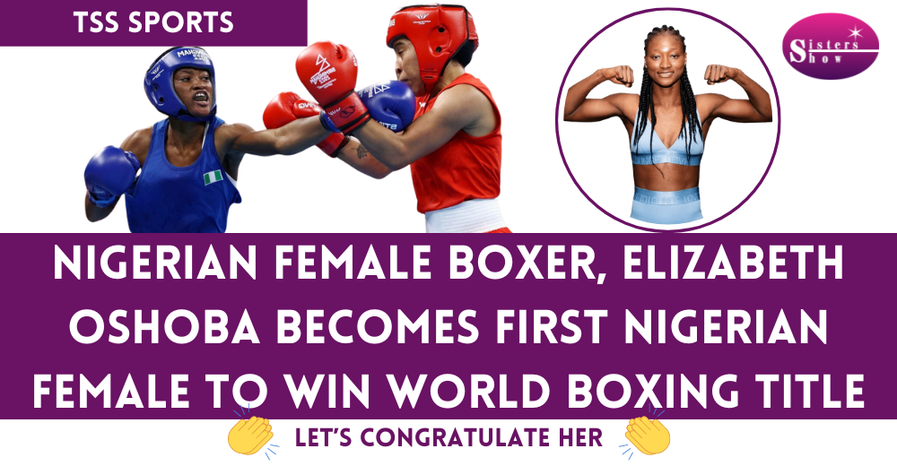 Image featuring Elizabeth Oshoba celebrating her victory in the boxing ring.